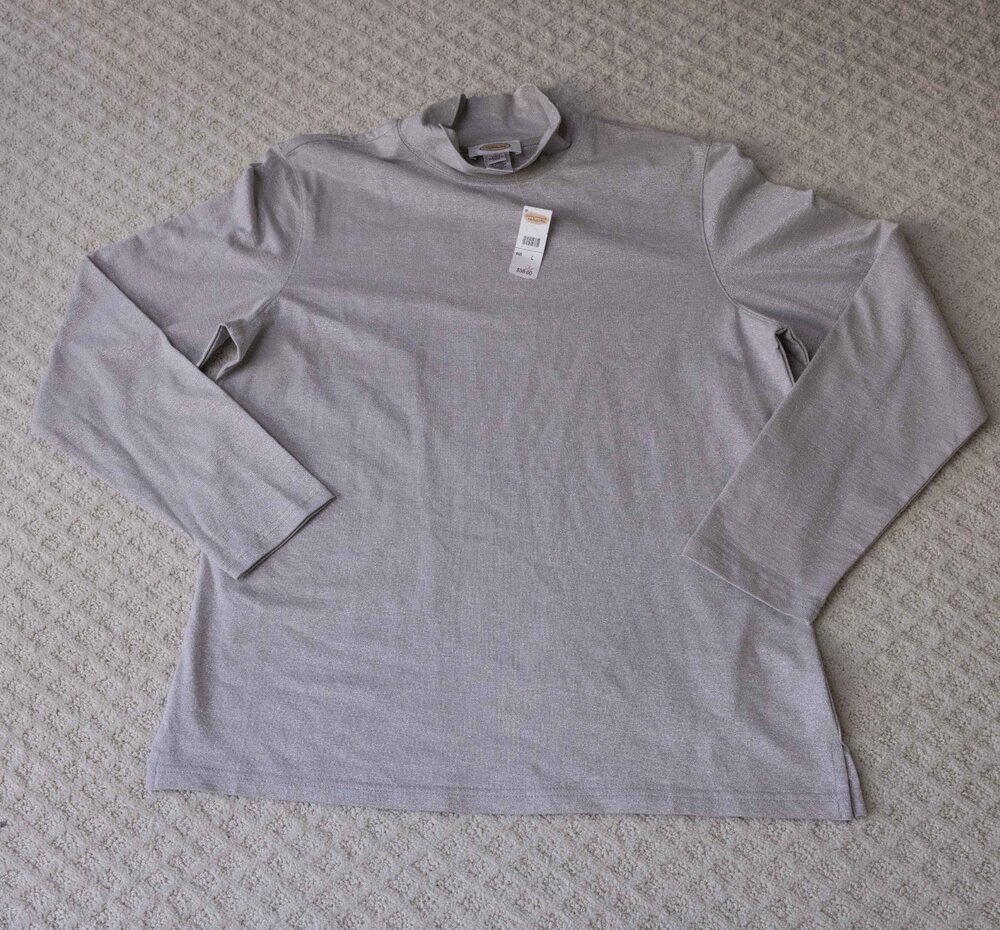 NWT Talbots Womens Metallic Mock Neck Long-sleeve Top Silver Gray Long Size L